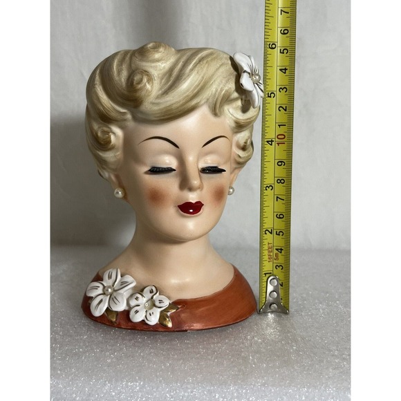 Vintage Lady Head Vase, Enesco E-2188, Blonde, Burnt Orange Top - Picture 2 of 8